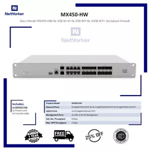 Cisco Meraki MX450-HW Cloud Managed Security Appliance -Same Day Shipping - Afbeelding 1 van 1