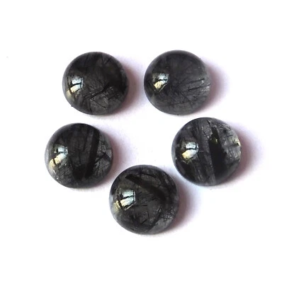 Natural Black Rutilated Quartz Cabochon 10X10 mm Round Cut Gemstone 5 Pieces Lot - Image 1 of 4