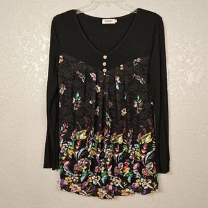 Top BEPEI Negro y Multicolor Floral Encaje Mangas Largas Cuello en V Elastizado Tejido Rayón - Imagen 1 de 11
