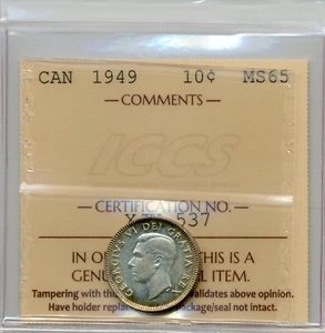 1949 Canada 10 Cents - Gem Uncirculated, ICCS MS 65, superb eye appeal - Picture 1 of 3