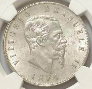 ITALY 5 LIRE 1874 M SILVER VITTORIO EMANUELE II NGC MS63 - Picture 1 of 4