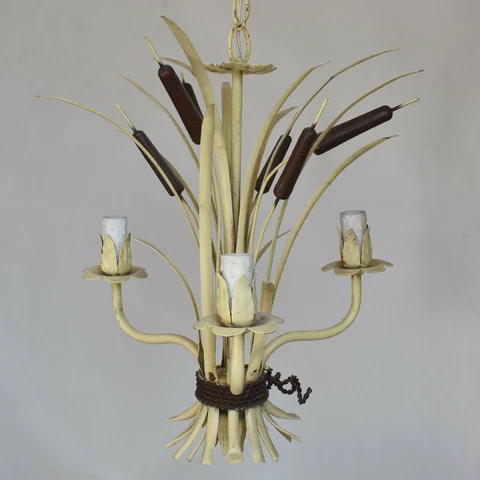 VINTAGE ITALIAN TOLE REEDS CATTAILS 3 ARMS CHANDELIER CEILING LIGHT SHABBY CHIC Cover