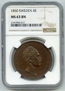 1850 4 Skilling Coin From Sweden. NGC Graded MS 63 BN. Lot #2736 - Picture 1 of 4