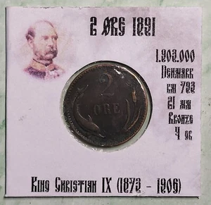 💰 1891 Denmark 2 Ore Dolphin animal # 436 - Picture 1 of 2