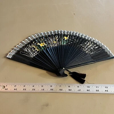 Vintage Wooden & Paper Hand Fan Fold Up 1930-1940 Black Japan Floral Antique - Image 1 of 4