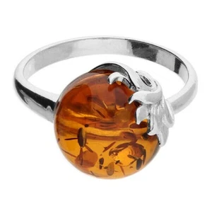 Oval Cognac Amber Leaf Ring Solid Sterling Silver 925 Brand New - Picture 1 of 3