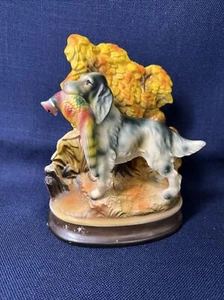 Ceramic Hunting Dog with Pheasant in mouth in front of Fall Leaves Scene 1940's - Picture 1 of 5