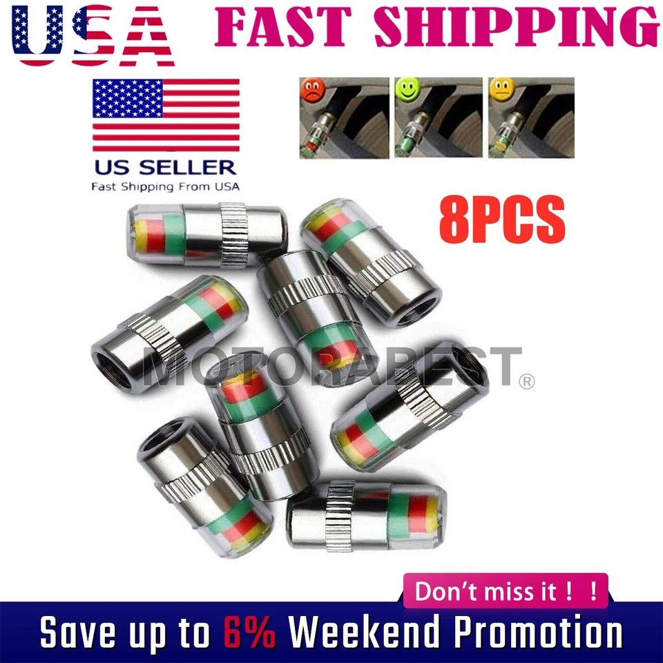 Car Tire Valve Stem Caps Pressure Monitor Sensor Indicator 3 Color Alert 8 Dwyhd - Image 1 of 4