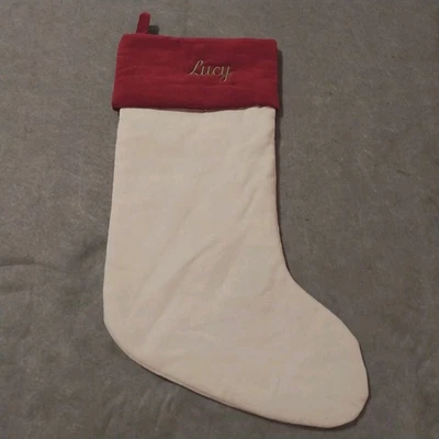 Medias de Navidad Pottery Barn rojo terciopelo y marfil monograma LUCY nuevas Foto 1 de 4