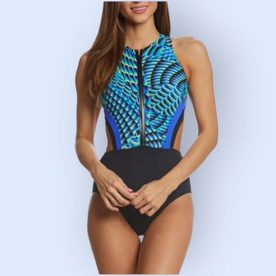 GOTTEX Profile Swimsuit Sz 10 NWT Black Blue Green Zip Formation 1 Pc  Beach NEW - Image 1 of 4