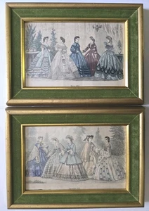 Vintage 2 Glas grüne Samt Holzrahmen Godey’s Drucke Sept 1862 1863 12,5"x19" - Bild 1 von 9