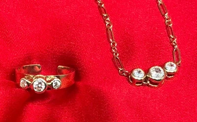 14k 金色 Diamonique CZ 3 石头戒指和匹配脚链 — 第 1/4 张图片