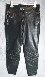 Krawehl Black Leather Moto Trousers W34 L29 Quilted Knees Zip Hem Biker  - Picture 1 of 13