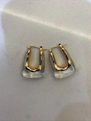 Gold Rectangle Earrings Lucite Hoop  Fancy Acrylic Geometric, Ships Free - Image 1 of 2