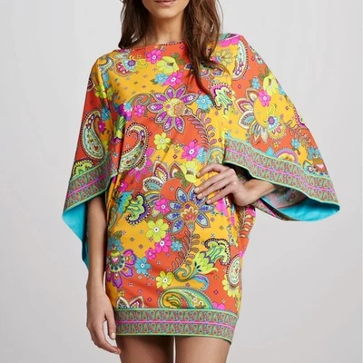 Trina Turk Swimsuit Cover Up Small Orange Paisley Floral Mini Batwing Sleeve - Image 1 of 4