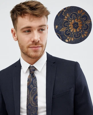 Oro Uomo Cravatta Blu Navy Pois Floreale Cachemire Matrimonio Raso Seta Regalo - Immagine 1 di 2