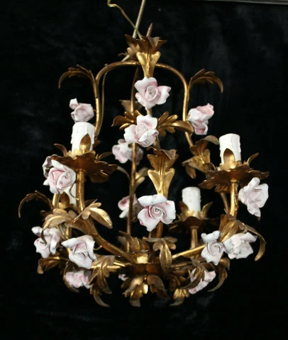 Vintage Metal gold gilt porcelain pink flower Chandelier lamp 1970 Cover