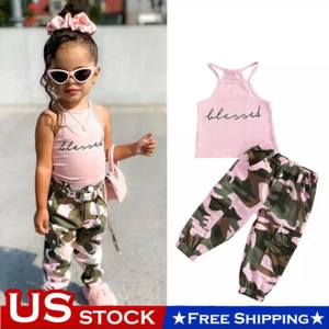Toddler Girl Summer Outfits Halter Neck Letter Print Tops Camo Pants Clothes Set - Picture 1 of 10