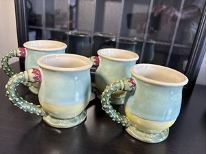 4 Late 20th Century Majolica pottery Berry Stem Handle Mugs Ceramic Green - Picture 1 of 5