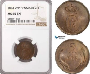 AG724, Denmark, Christian IX, 2 Ore 1894 VBP, Copenhagen, NGC MS65BN, Pop 3/0 - Picture 1 of 1