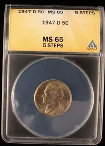 1947-D JEFFERSON NICKEL GEM UNC ANACS MS65 5STEPS US COIN (597) - Picture 1 of 2