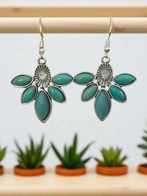 BOHO Lindos Pendientes Colgantes Gancho Artesanal Turquesa Plata Tibetano Tailandés Foto 1 de 4