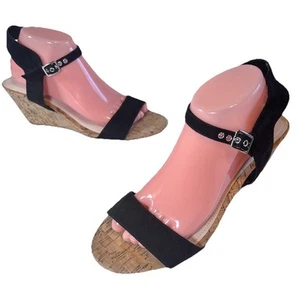Torrid Size 10W Black Strappy Cork Wedge Sandals Women's - Picture 1 of 10