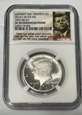 2014-S Kennedy Silver Half Dollar High Relief Enhanced Finish NGC SP69 50th Anni - Image 1 of 4