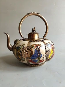 CHINESE OLD porcelain TIBET-SILVER Eight Immortals pattern TEA POT MONKEY lid - Picture 1 of 9