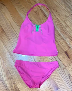 Traje de baño Halter tankini Tommy Hilfiger rosa caliente con corbata frontal verde neón talla 14 - Imagen 1 de 15