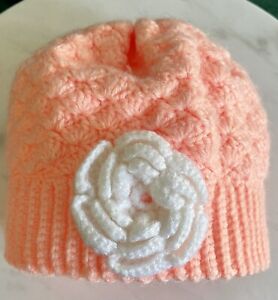 Handmade Baby Toddler Knit Crochet Coral with White Flower Beanie Hat ~ New