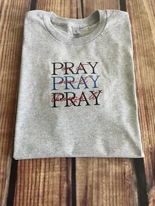 New Gildan Womens Size Medium Gray Pray On It Embroidery Cotton T-shirt - Picture 1 of 8