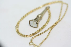 Antique 1900's 9K Gold Agate Stamp Fob Pendant 10K Solid Gold Women Necklace 18" - Picture 1 of 12