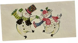 Vintage 60s Snowman Couple Christmas Card Unused Glitter Dancing Snowman Jolly - Picture 1 of 5