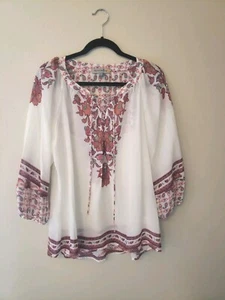 Figueroa & Flower Anthropologie Gr. L Blumen Boho Bluse Bindekragen elfenbein koralle - Bild 1 von 6