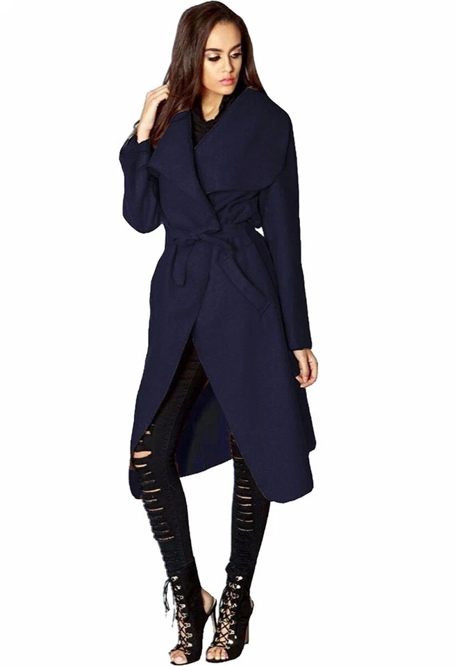 Womens Navy Italian Onesize Belted Waterfall Trench Duster Jacket Long Coat - Image 1 of 1