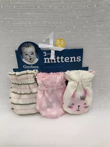 Gerber 3 Pack Baby Girl No Scratch Mittens Gloves Pink Bunny Striped 0-3 Months - Picture 1 of 13