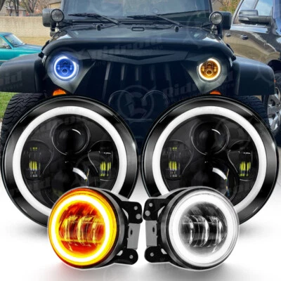 Halo 蓝色 DRL 7 英寸 LED 车头灯 4 英寸雾灯组合套件适用于吉普牧马人 JK TJ — 第 1/4 张图片
