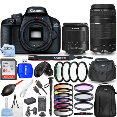 Canon EOS 4000D / Rebel T100 4 Lenses 18-55mm + 75-300mm + 64GB Top Value Bundle - Image 1 of 4