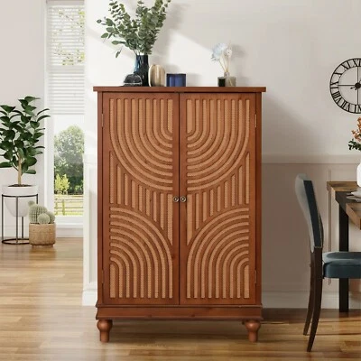 Tall Accent Cabinet with Storage w/ Rattan Decor 2-Doors Sideboard Cabinet - Image 1 of 4