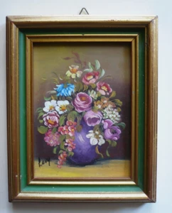 LEVY, Signed COLORFUL FLORAL FLOWERS VASE MINIATURE, VINTAGE OIL PAINTING 60s - Picture 1 of 11