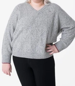 Tommy Hilfiger Jumper Size 54 Women’s Light Grey Donegal V-neck Wool Sweater - Picture 1 of 10