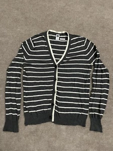 Gap Women Sweater M Black Striped Cotton Blend V Neck Button Down - Picture 1 of 7