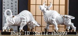 14" Old China Dehua White Porcelain Gild Gossip Pattern Cattle Bull Statue Pair - Picture 1 of 9