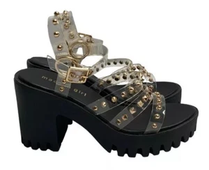 Madden Girl Womens Size 9 Platform Sandals Gold Studded Clear Chunky Lug Heels - Picture 1 of 5