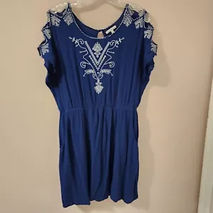 Charlotte Russe Navy Blue White Embroidered Shift Dress Large Short Sleeve Boho - Picture 1 of 8