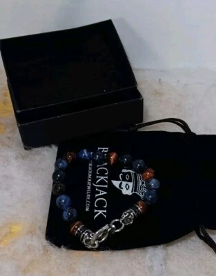 BLACKJACK Men’s Stainless Steel Beaded Bracelet Sodalite Red Tiger Eye BJS16BLS - Image 1 of 4