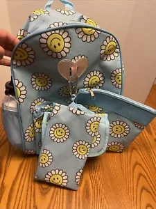 Girls 6 piece Smiley Flower Print Backpack Lunch Box Bag School Travel Bag Set - Picture 1 of 13