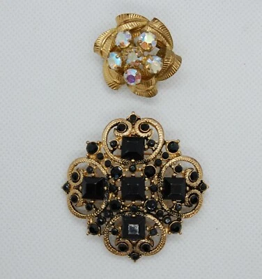 复古服装珠宝胸针/针;一个黑色和一个黄铜水钻 — 第 1/4 张图片