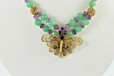 Collar Colgante Metal Tono Dorado Filigrana Mariposa Aventurina Amatista Cuentas 16" Foto 1 de 3